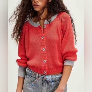 Free People We The Free Lili Linen Cardi Poppy Red Combo Knit